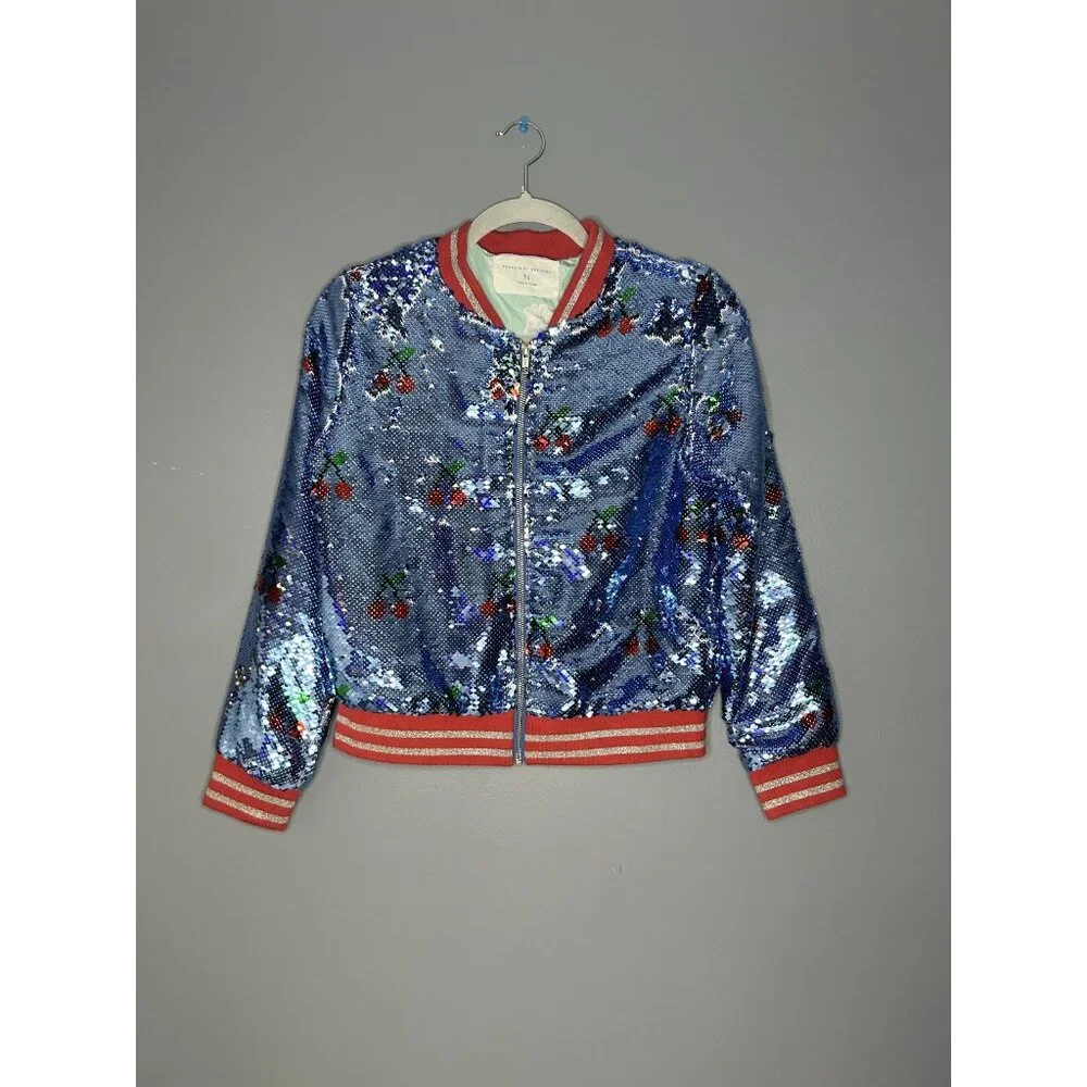 Rockets of Awesome Sequin Bomber Jacket Girls Large (14) Cherry Full Zip Sparkle